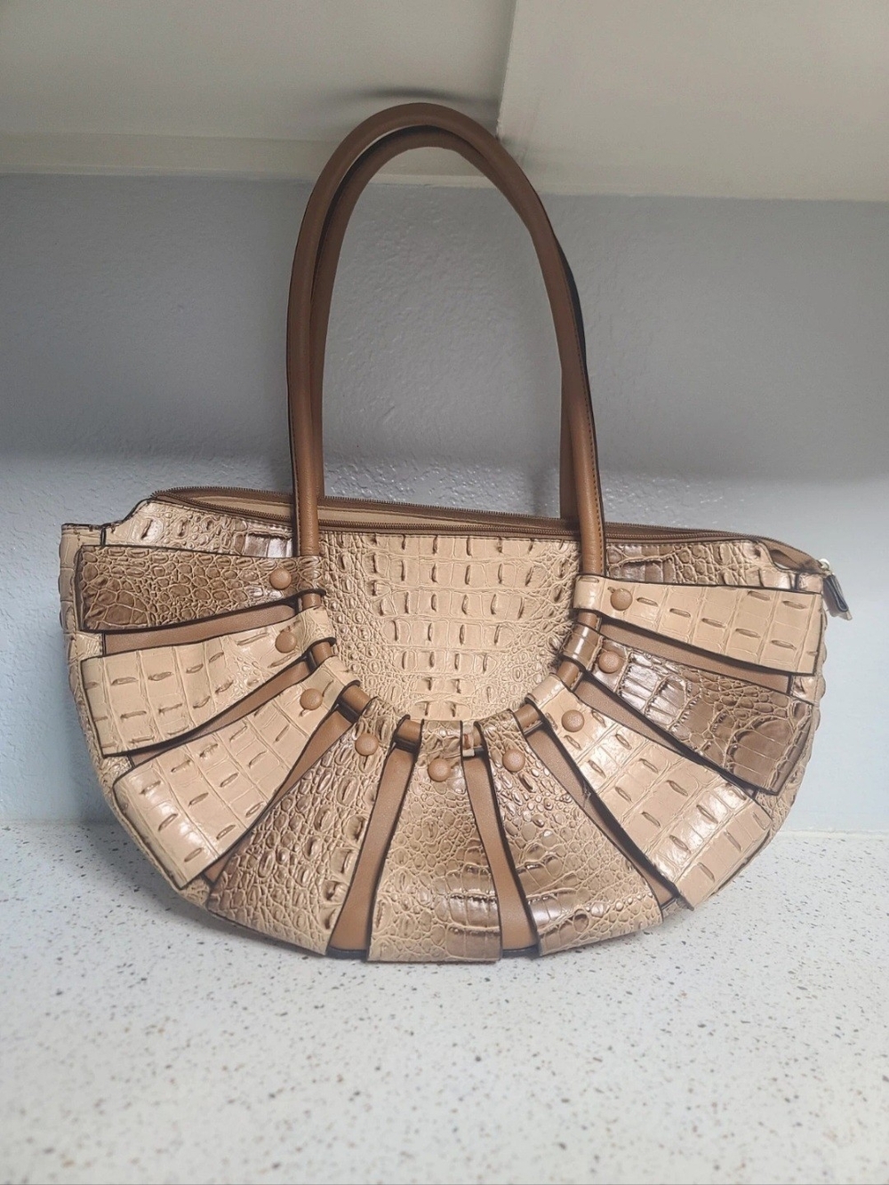 Calin Collection Croc-Embossed Beige Fan-Panel Shoulder Bag